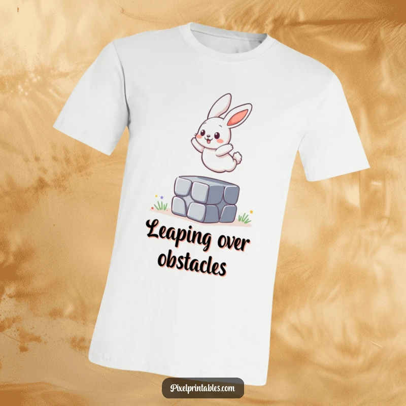 Funny T-Shirt: A playful bunny is captured mid-jump over a pixelated block, expressing joy and motion.