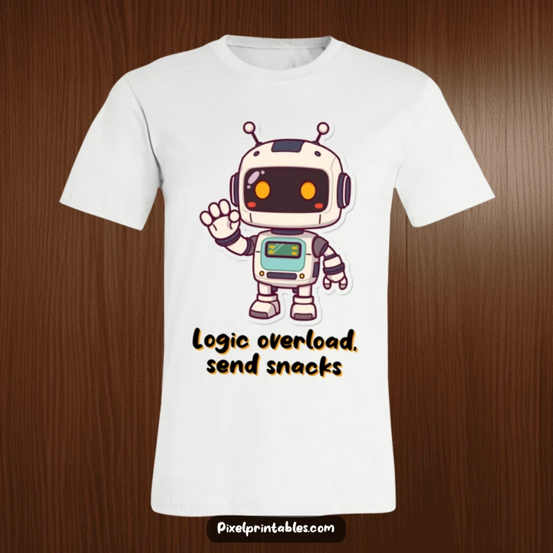 Funny Pixel Robot T-Shirt displaying a cute, happy, pixelated robot enthusiastically waving, perfect for casual wear.