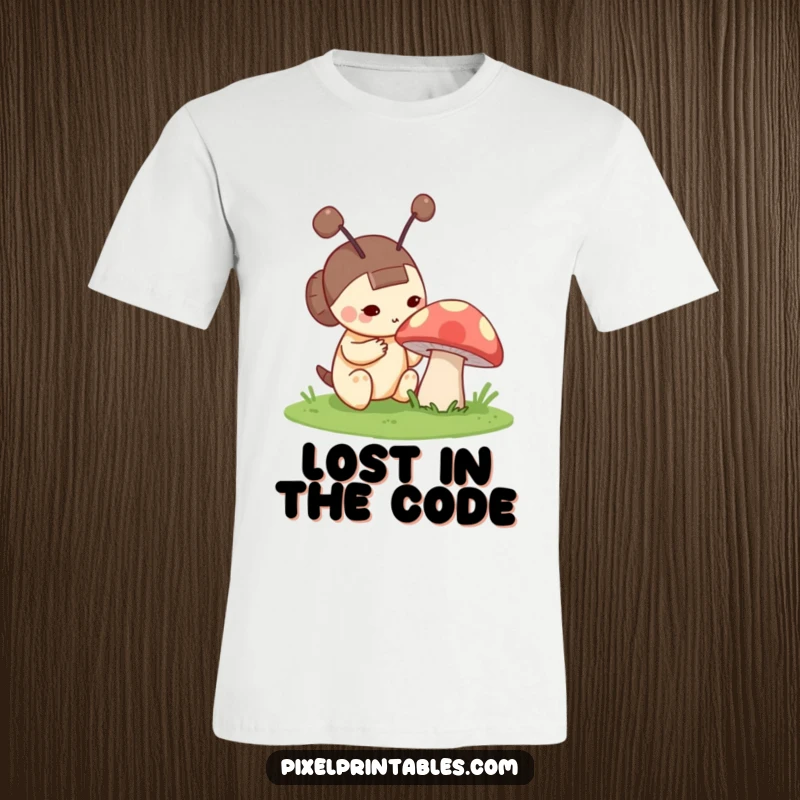 Funny t-shirt featuring a curious pixel character with blocky antennae peering at a vibrant, pixelated mushroom, evoking retro game nostalgia.