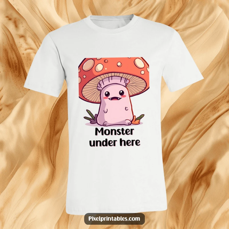 Funny Kawaii Monster T-Shirt, a cute monster peeking from behind a large pixelated mushroom, playful and charming.