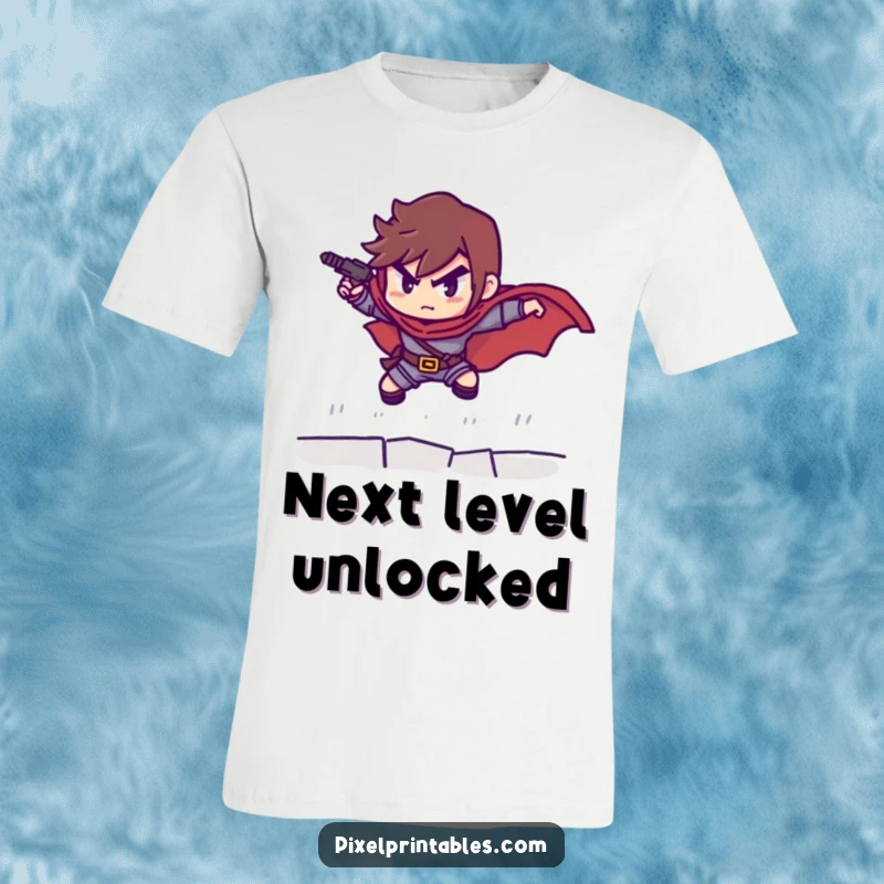 Funny t-shirt featuring a determined pixelated hero preparing to make a heroic leap, ideal for gamers and adventure lovers.