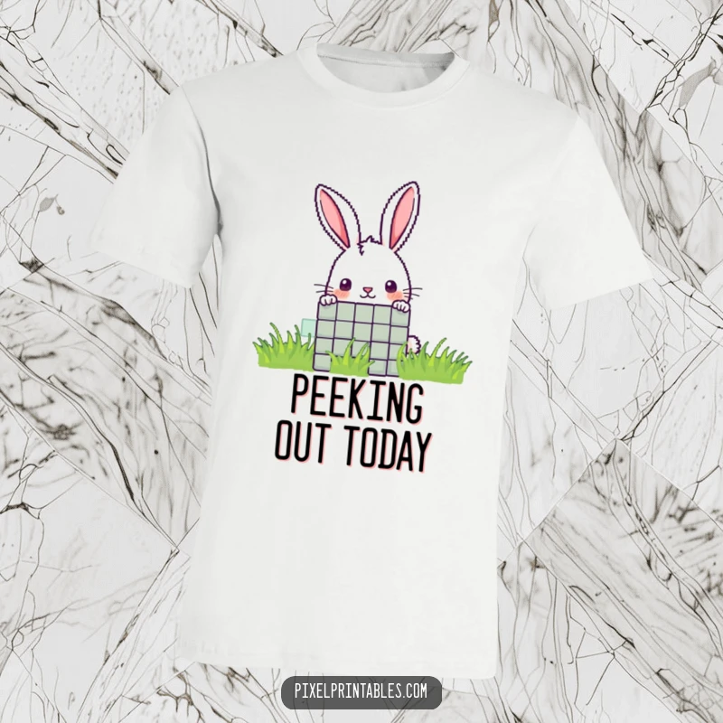 Funny pixel rabbit t-shirt with a curious pixelated rabbit peeking from behind a pixel, showcasing playful curiosity.