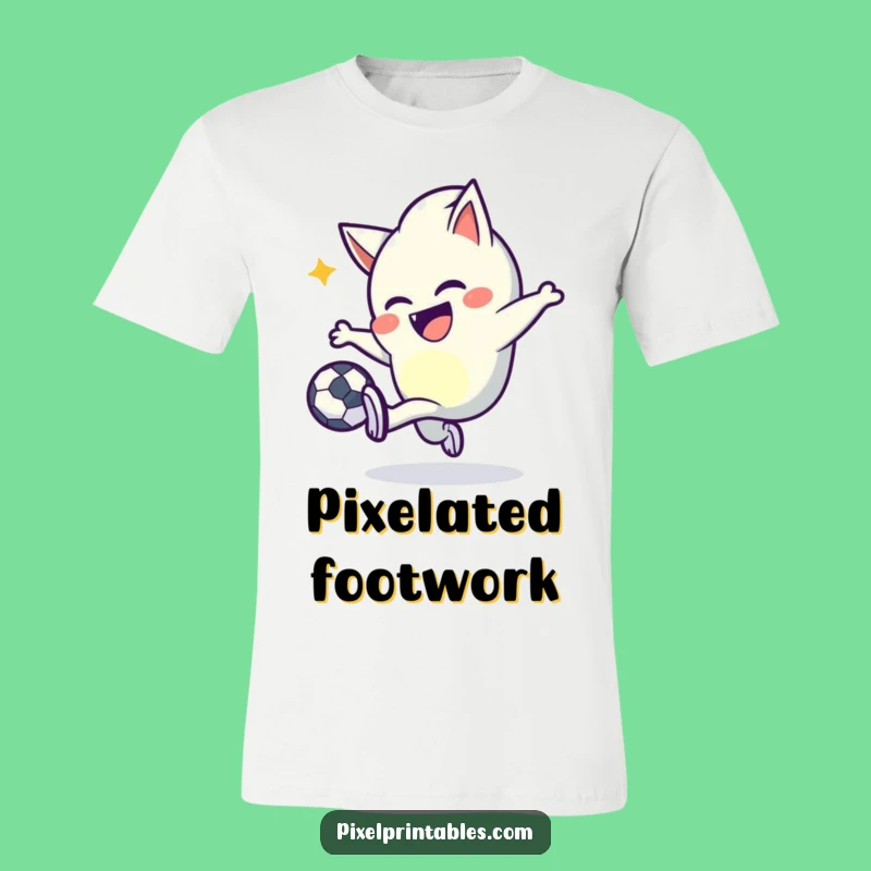 Funny Pixel Kicker T-Shirt: Mischievous Character's Joyful Pixel Ball Tee