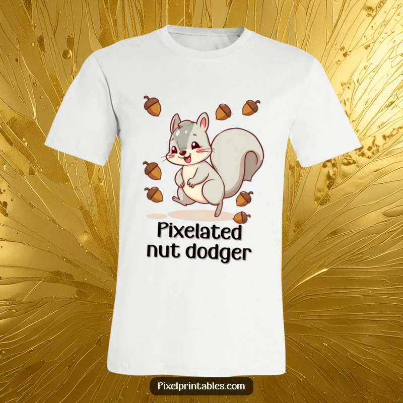 Funny squirrel character artistically dodging pixelated acorns, a vibrant and humorous retro gaming t-shirt.