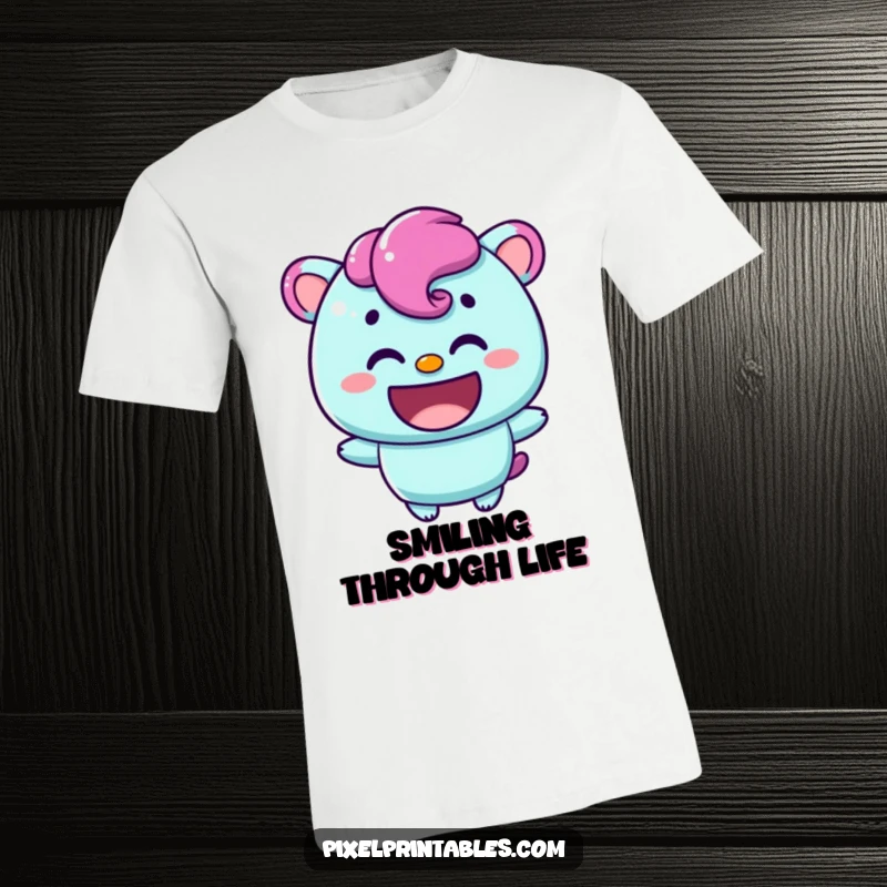 Funny t-shirt featuring a content pixelated character with a warm smile, perfect for spreading positivity and cheer.