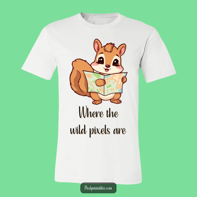 Funny Curious Squirrel Pixel Map T-Shirt - Hilarious Unisex Cotton Tee
