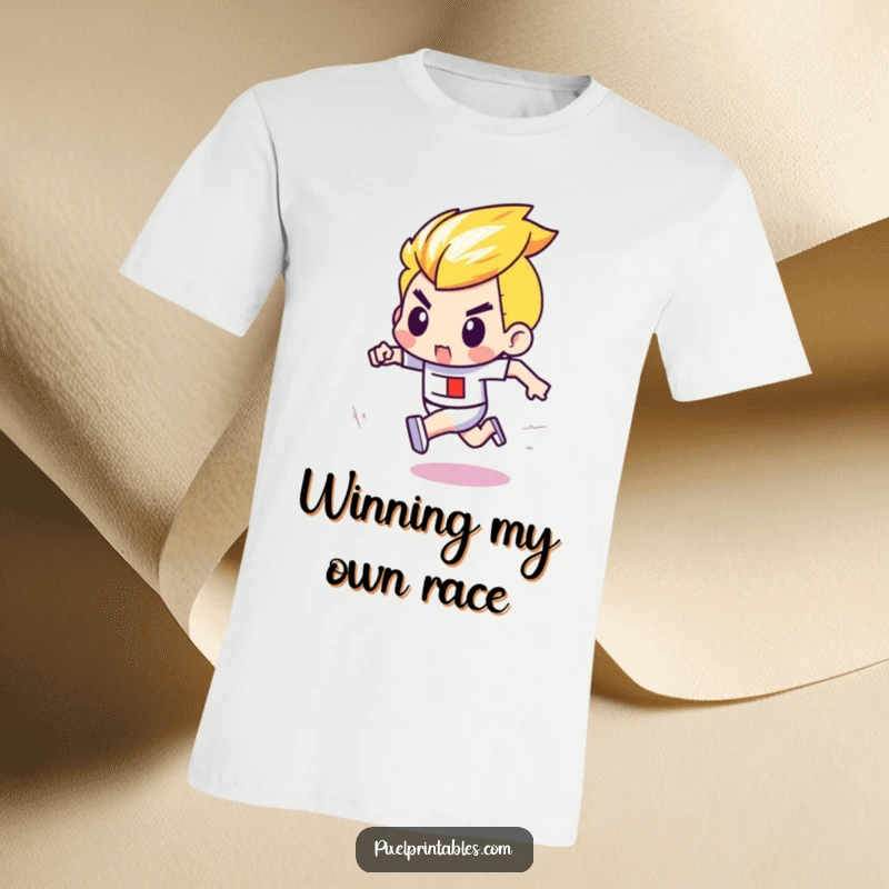 Funny t-shirt showing a determined pixel character with bold outlines sprinting in a pixel race, capturing the thrill of victory.