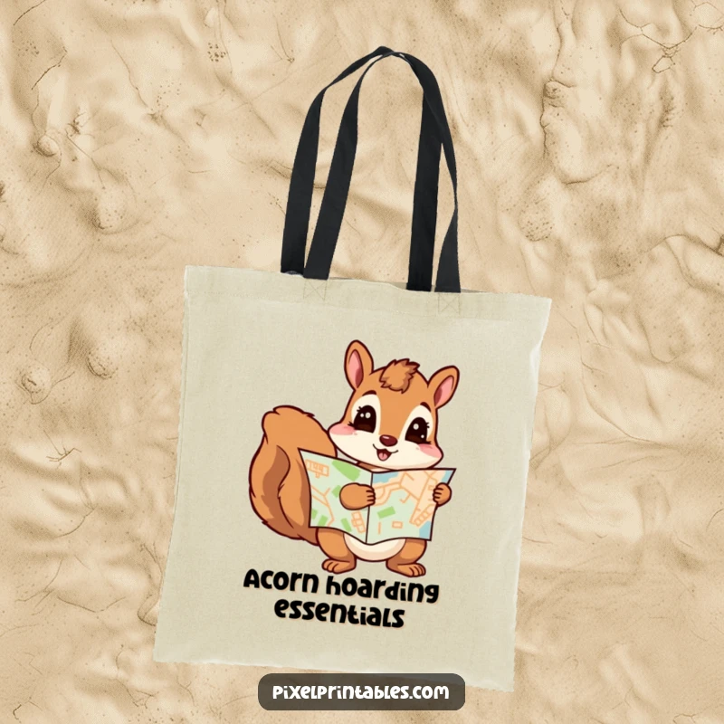 Funny squirrel with a pixelated map, ready to go anywhere. Eco-friendly and humorous tote bag, ideal funny gift.