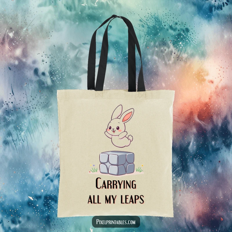 Funny Tote Bag: A playful bunny jumping over a pixelated block, ideal for carrying items with a bouncy charm.