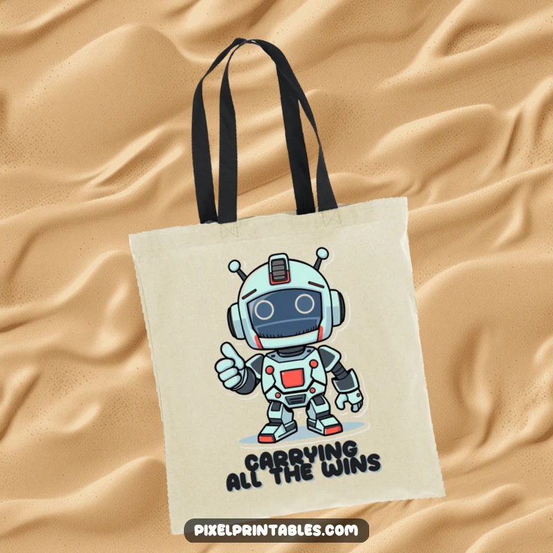 Funny tote bag with a jubilant pixelated robot giving a thumbs-up, a great accessory for winners.