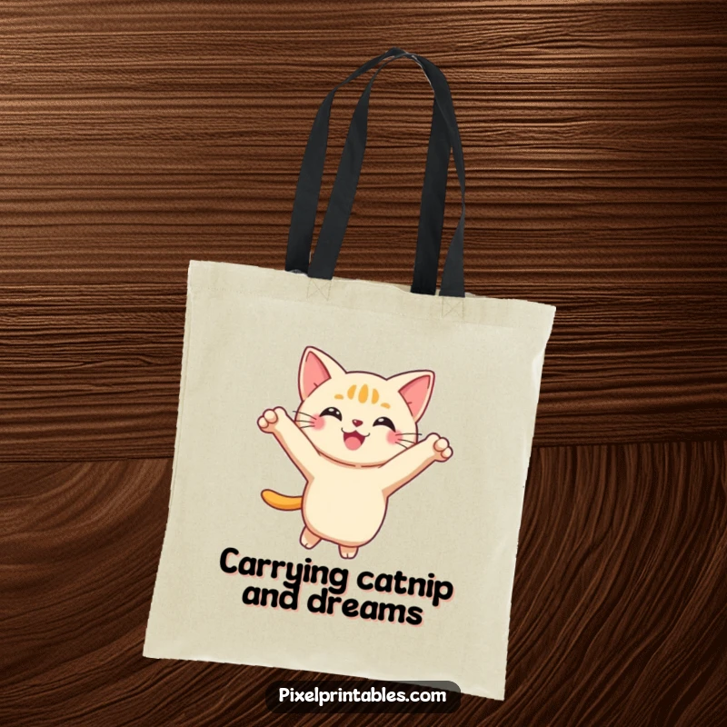 Funny Pixel Cat Tote Bag depicting a smiling, pixelated cat performing a playful leap, perfect for carrying essentials with feline flair.