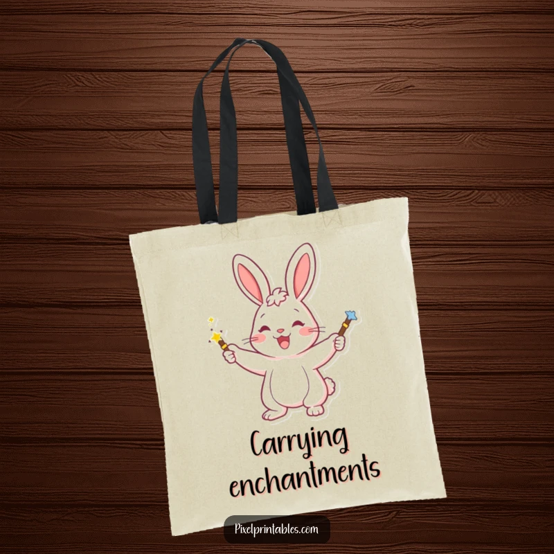 Funny tote bag with a happy rabbit wielding a pixelated magic wand, spreading joy and enchantment with every carry.