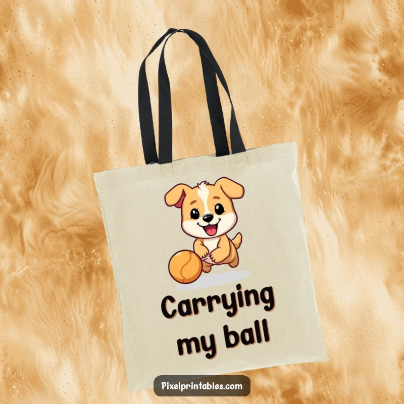 Funny tote bag featuring a cheerful, pixelated dog character chasing a bouncing ball, a charming and practical accessory.