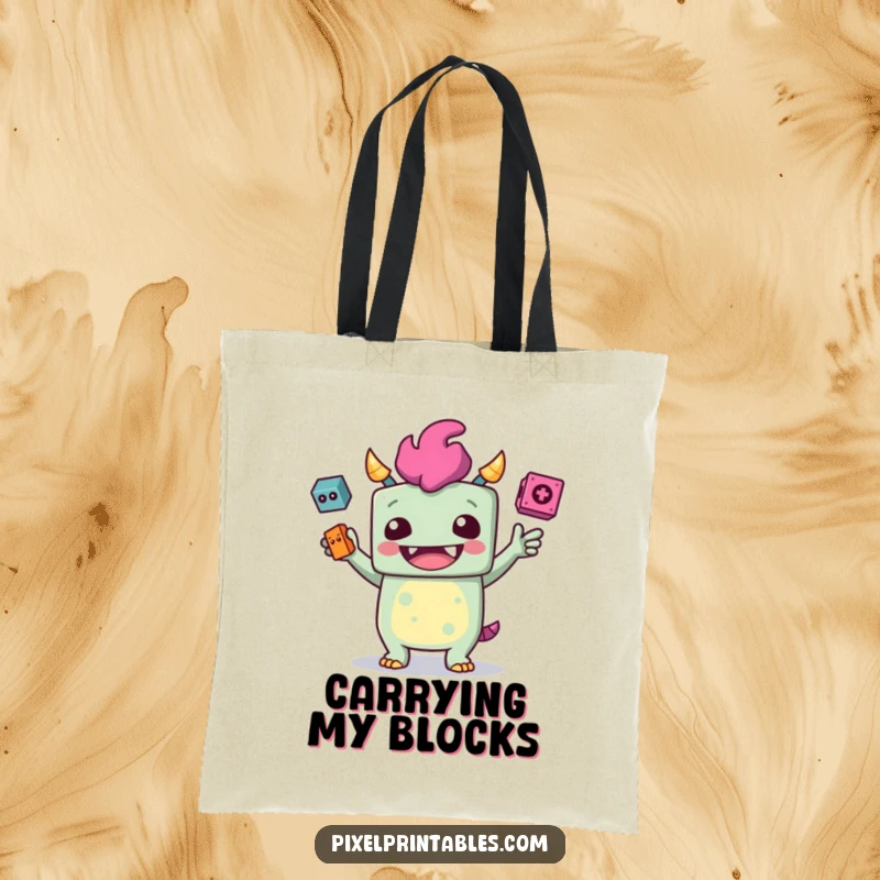 Funny tote bag with a giggling, blocky monster juggling pixelated objects, perfect for carrying gamer gear.