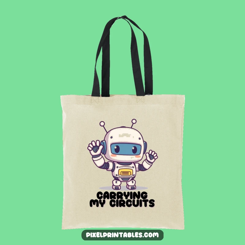 Funny Pixel Robot Tote Bag: Happy Wave Carry-All, Retro Style
