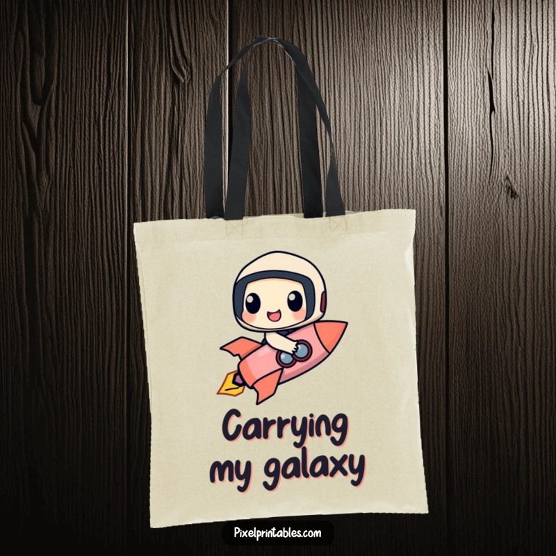Funny tote bag designed with a happy pixel character made of geometric shapes riding a pixelated rocket, ideal for carrying everyday items.