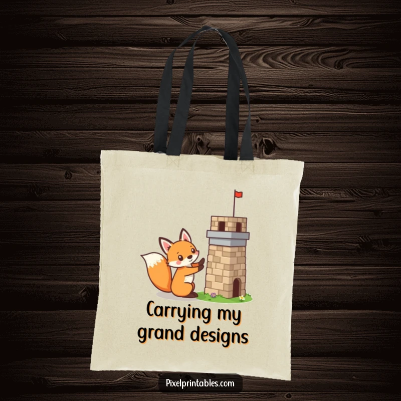 Funny pixelated fox building a tiny pixelated tower, mischievous expression, retro pixel art tote bag, durable and stylish.