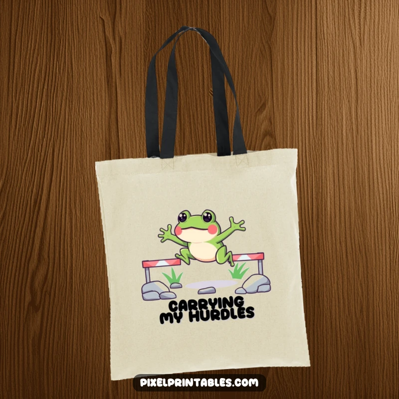 Funny pixelated frog tote bag depicting a cheerful frog jumping hurdles, ideal for carrying groceries or gaming gear.