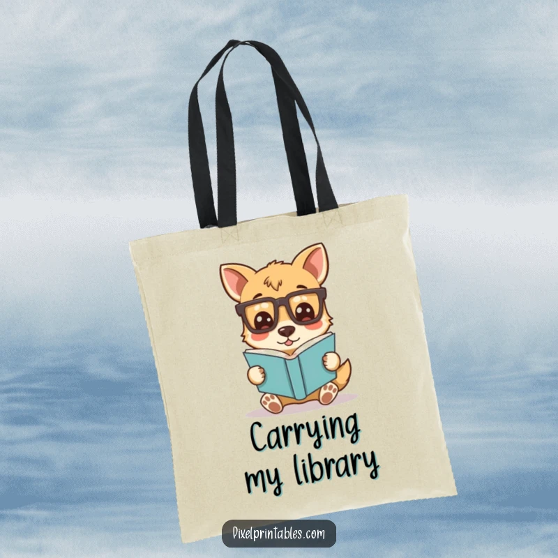 Funny tote bag showcasing a silly dog wearing pixelated glasses while reading a book, symbolizing a love for literature and canine charm.