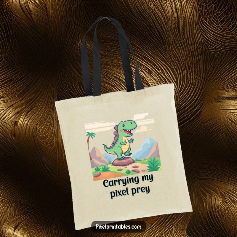 Funny tote bag with an excited pixelated dinosaur ready to stomp through your daily errands, a gamer's delight.