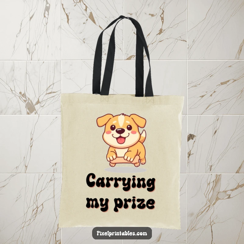 Funny Pixel Dog Tote Bag: Determined pixelated dog running after a pixel bone, handy pixel art tote.