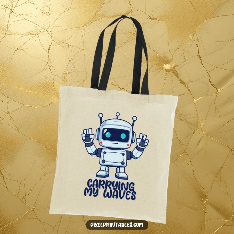 Funny tote bag with a pixelated robot enthusiastically waving with square hands, perfect for humorous and practical carry.