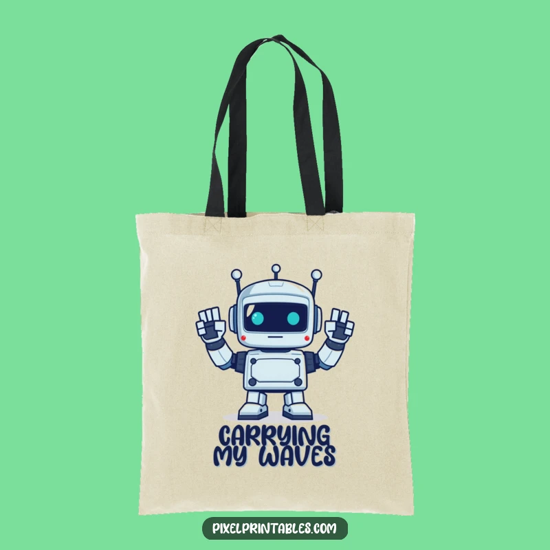 Funny Pixel Robot Waving Tote Bag - Carry Friendly Greetings!