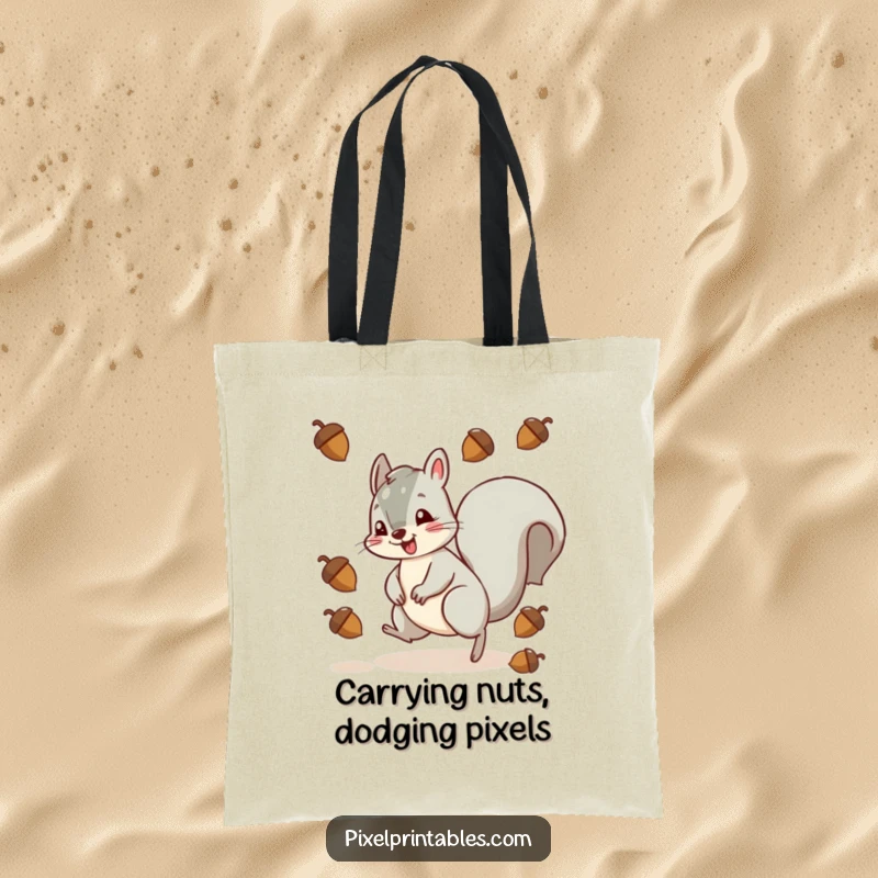 Funny and energetic squirrel character dodging pixelated acorns, perfect for a reusable, humorous, and practical tote bag.