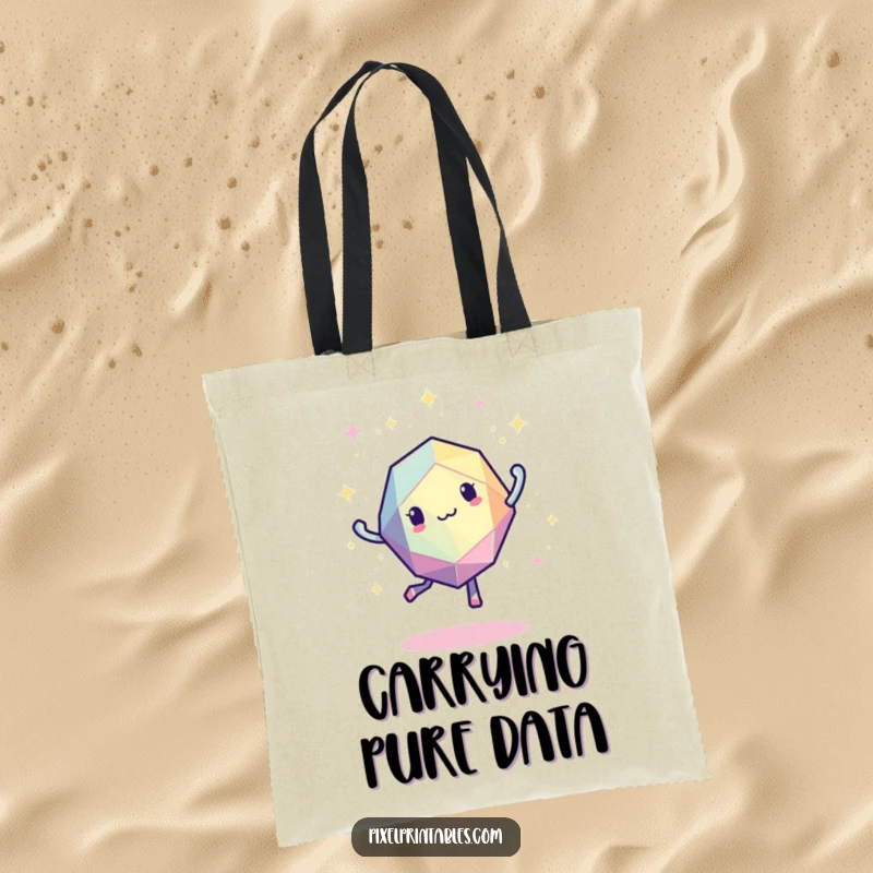 Funny pixelated geometric shape in a mid-dance pose with shimmering pixel sparkles, durable retro tote bag.