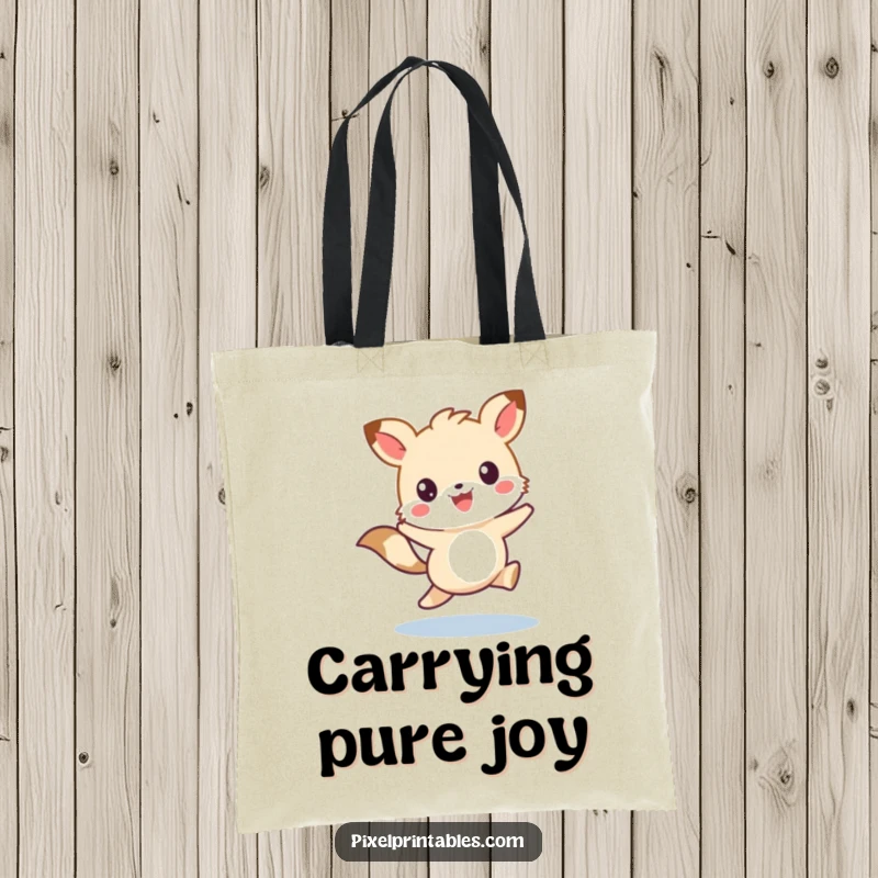 Funny tote bag with a cute pixelated animal character skipping with joy, perfect for humorous and practical carry.