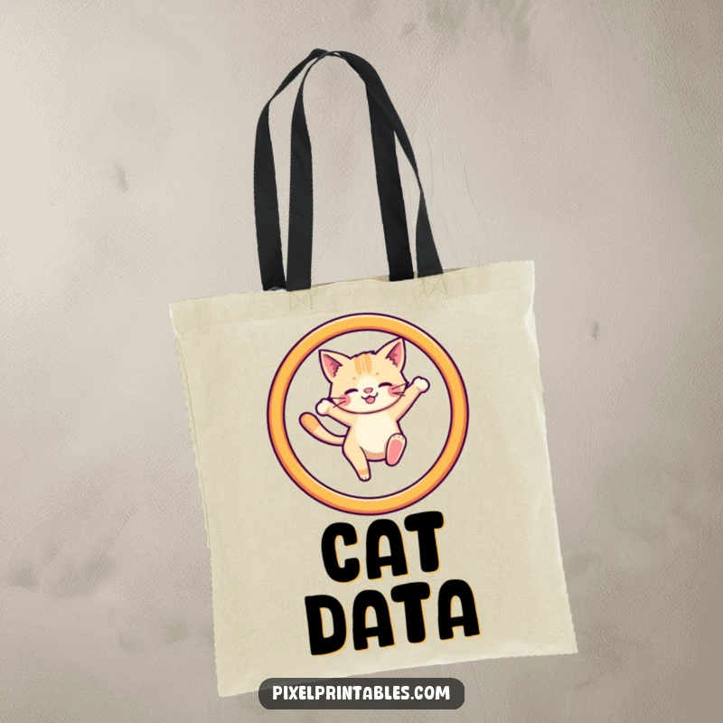 Funny tote bag with a pixelated cat jumping through a hoop, a nostalgic and functional accessory.