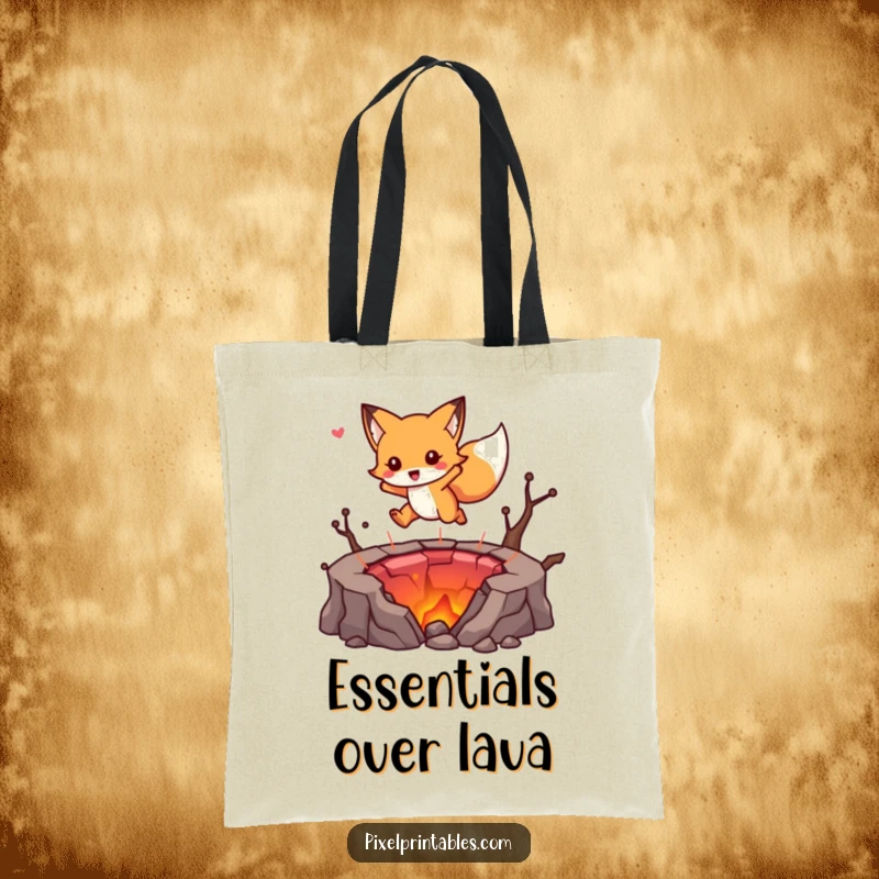 Funny tote bag with a cute fox character mid-jump over a pixelated lava pit, celebrating classic video game challenges.