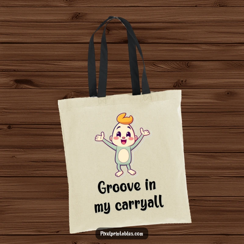 Funny Tote Bag: Character performs a goofy dance, embodying fun and humor, ideal for carrying essentials as a funny gift.