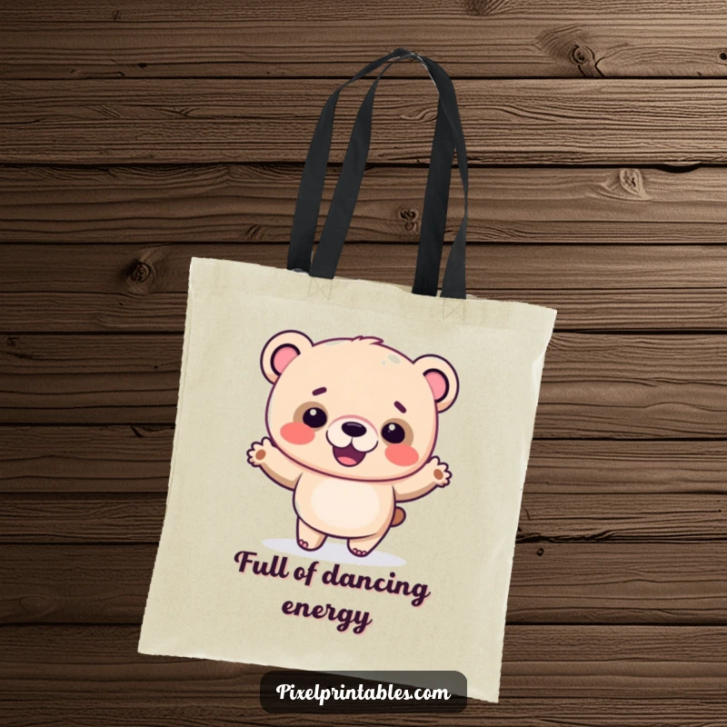 Funny pixel bear tote bag with a giggling pixelated bear doing a silly dance, ideal for stylish and fun carrying.