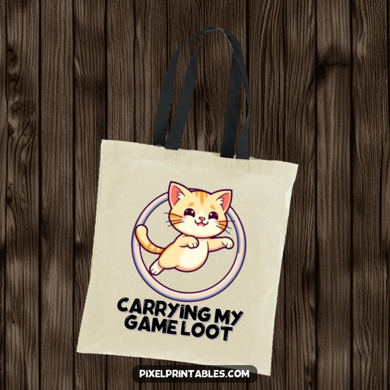Funny tote bag featuring a pixelated cat executing a perfect leap through a pixelated hoop, ideal for carrying goods with retro flair.