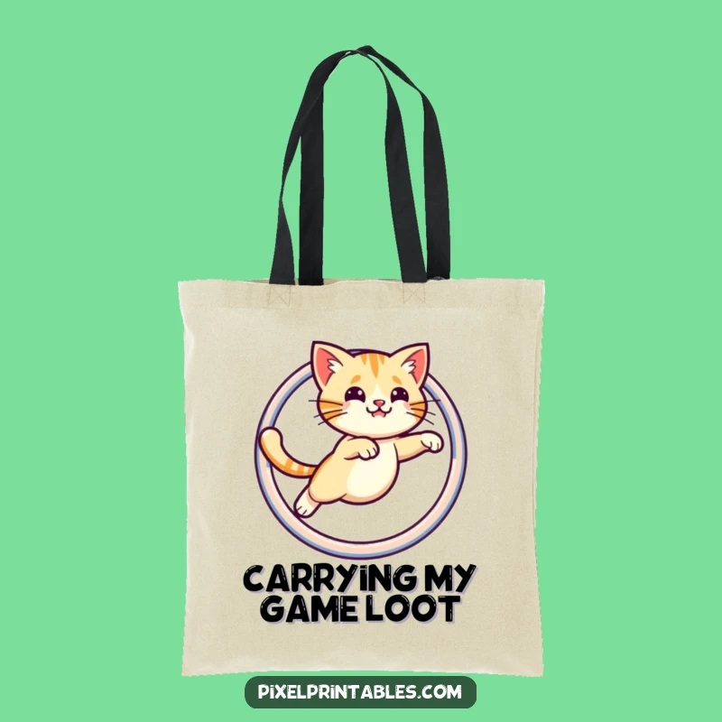 Funny Pixel Cat Tote Bag: Leaping Hoop Style, Retro Humor Gift!