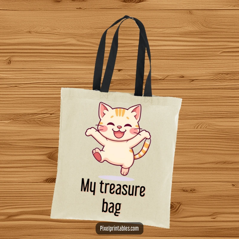 Funny Pixel Cat Tote Bag: Cute pixelated cat leaping with a smile, handy pixel art tote.