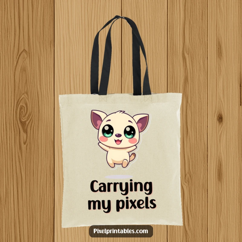 Funny tote bag showcasing a happy, pixelated creature with big eyes joyfully jumping, ideal for stylish, humorous carry.