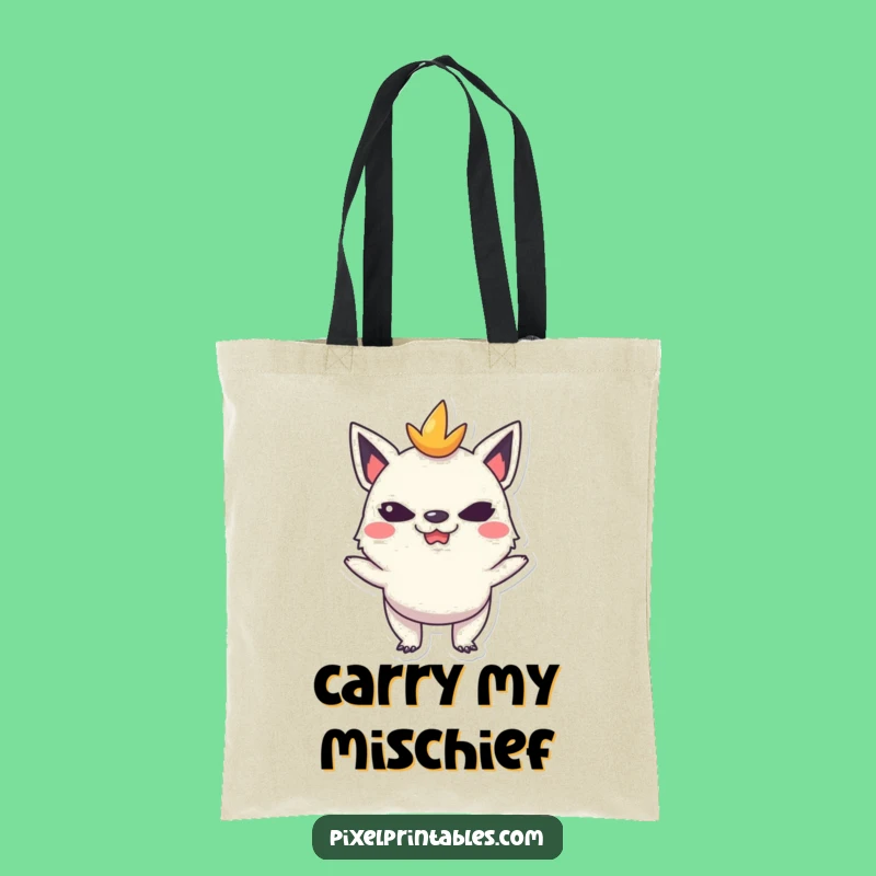 Funny Pixel Creature Tote Bag: Mischievous Face Accessory