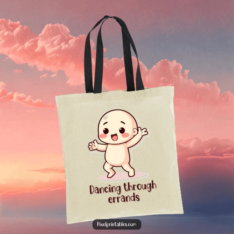 Funny pixel dancer tote bag showing a playful character with chunky limbs performing a pixelated dance, great for carrying items.