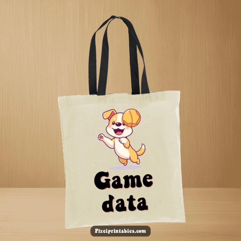 Funny tote bag with a pixelated dog catching a ball, a nostalgic and functional accessory for dog owners.