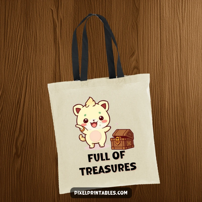 Funny Pixel Creature Treasure Tote Bag, a cute pixelated creature pointing to a treasure chest, perfect for carrying loot.