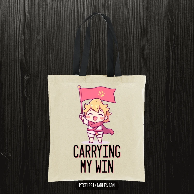 Funny Tote Bag showcasing a triumphant pixel character with sharp edges raising a pixel flag, ideal for carrying essentials.