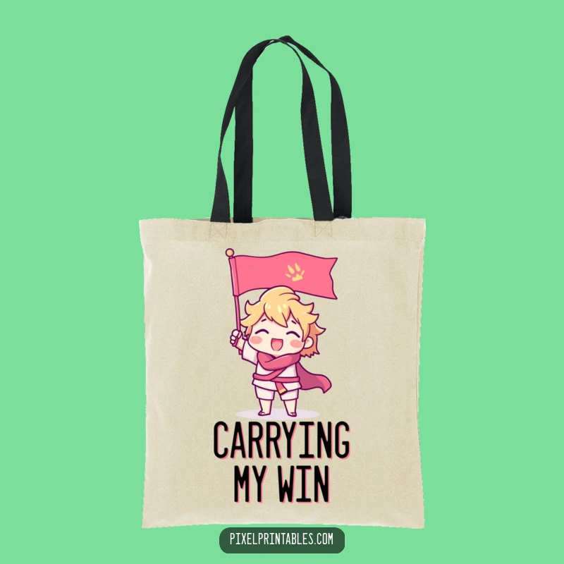 Funny Pixel Victory Tote Bag: Triumphant Gamer Character Carry-All, Great Gift