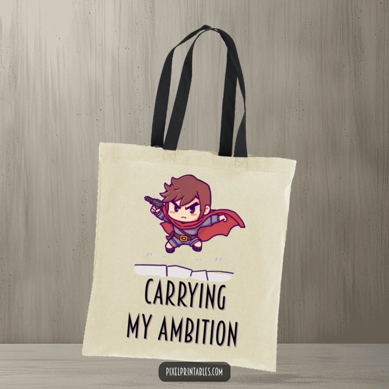 Funny tote bag displaying a determined pixelated hero preparing to leap, perfect for carrying groceries or gaming gear.