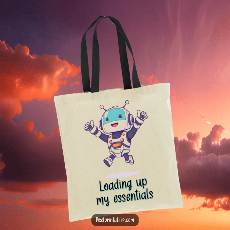 Funny robot tote bag featuring a cute character jumping and cheering excitedly, ideal for shopping and daily use.