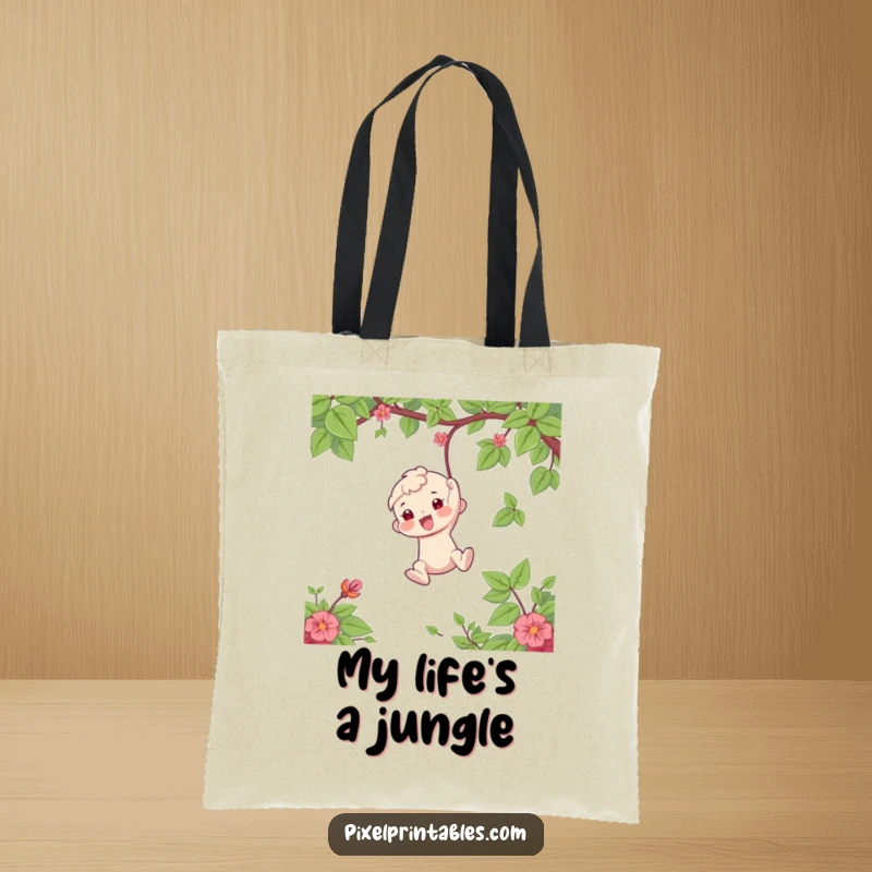 Funny Tote Bag: Playful character swings from a vine, embodying adventure and humor, ideal for carrying essentials as a funny gift.
