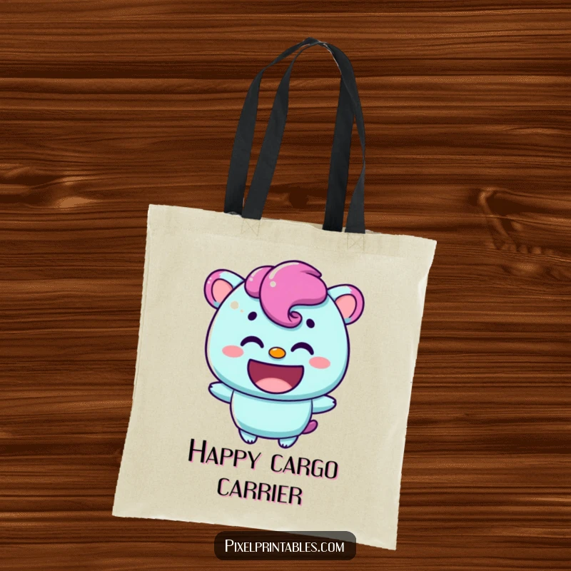 Funny tote bag showcasing a content pixelated character with a warm smile, ideal for carrying daily items with cheer.