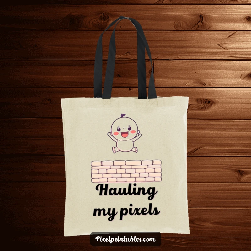 Funny Tote Bag showcasing a gleeful pixel character jumping over a pixel wall, ideal for shopping and humorous retro accents.