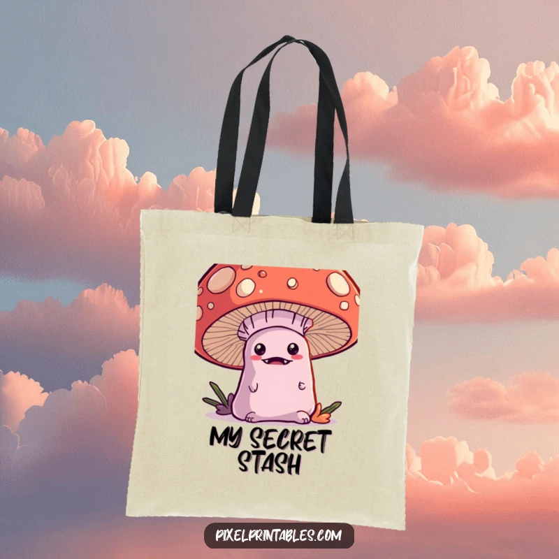 Funny Kawaii Monster Tote Bag, a cute monster peeking from behind a pixel mushroom, stylish and practical.
